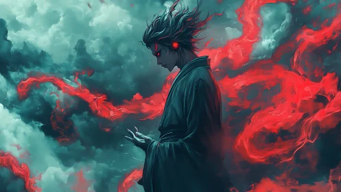 Stormbound sorcerer cradles crimson spirits in raging sky.