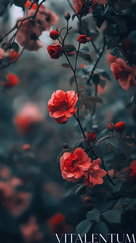 Red flowers with buds arranged on dark stems in moody botanical composition
