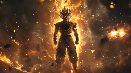 Golden haired warrior stands engulfed in explosive fiery aura