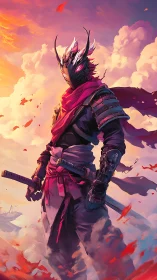 Armored swordsman stands in stylized sunset cloudscape