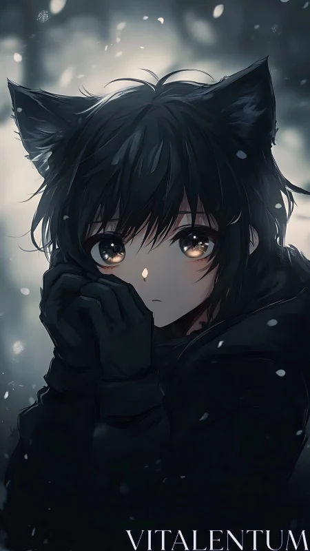 Soft winter gaze of a shy cat-eared anime girl outside.