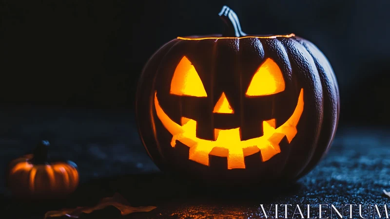 Carved jack o’ lantern emits strong internal glow on dark surface