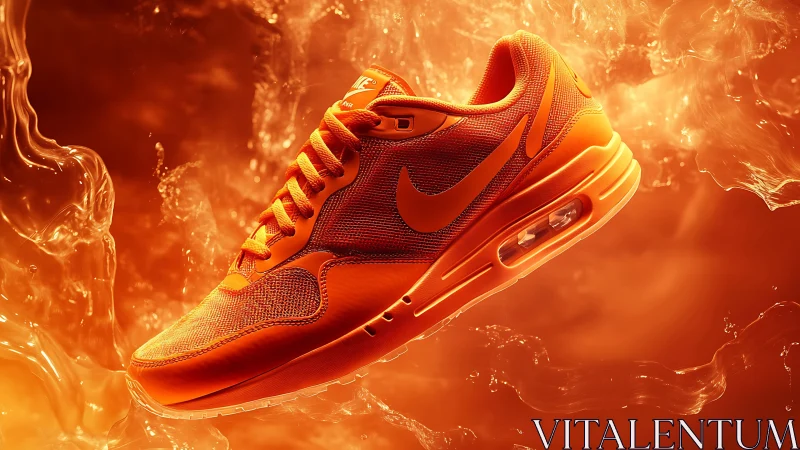 Athletic footwear displayed against stylized orange liquid environment.