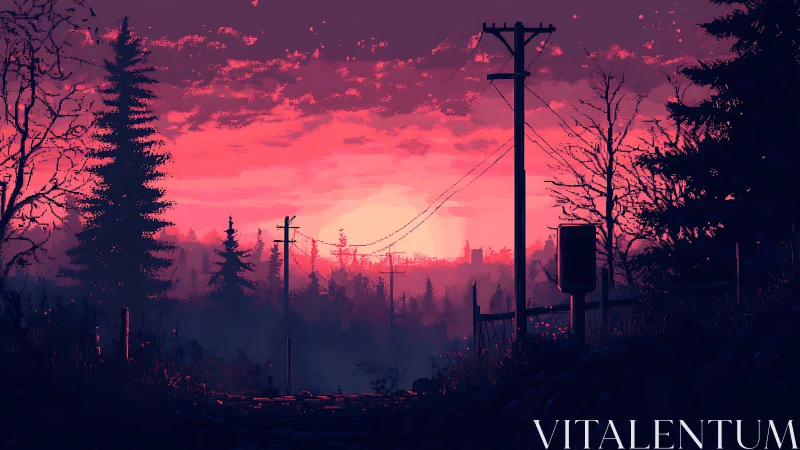 Moody forest road glows beneath a neon pink pixel sunset
