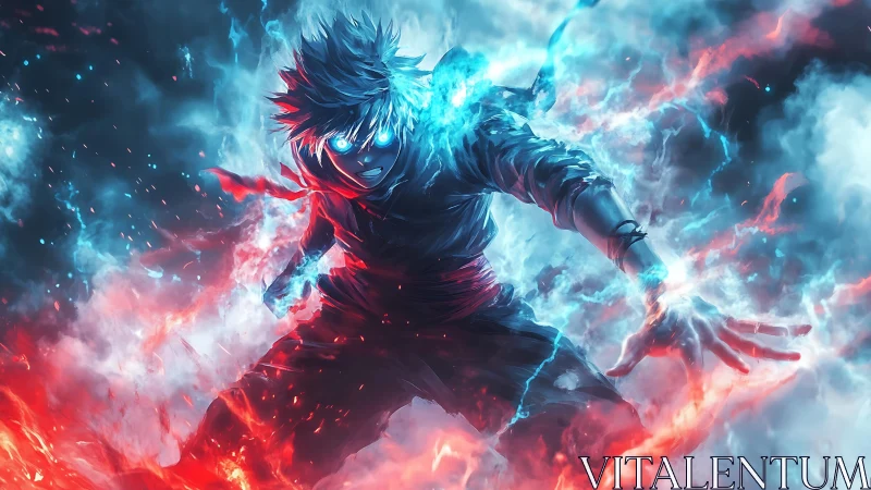 Anime figure stands amid dual blue and red energy fields