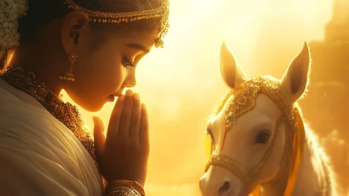Girl in prayer beside white horse under golden light glow