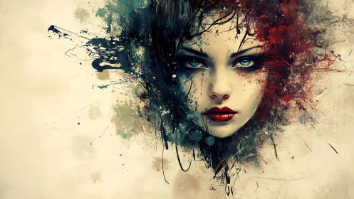 Surreal woman&rsquo;s portrait dissolving in abstract ink clouds.