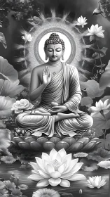 Monochrome seated Buddha on lotus with halo and foliage.