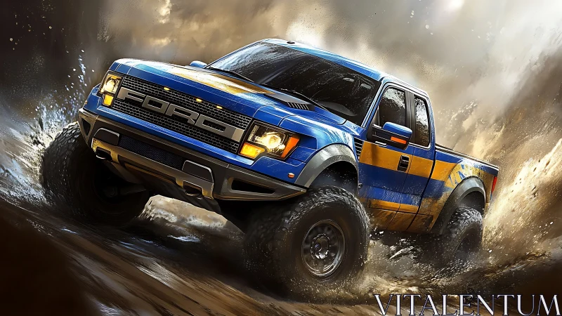 Blue off road pickup truck powers through muddy water.