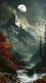 Moonlit mountain river storms through a crimson autumn valley