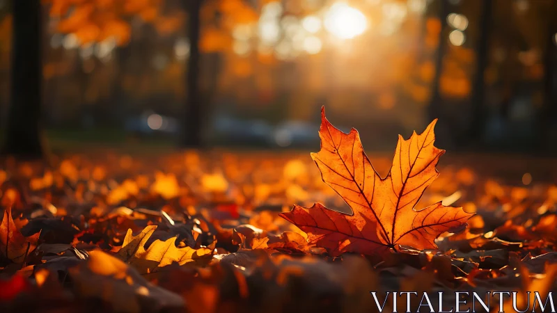 Single backlit autumn leaf lies on ground in shallow focus