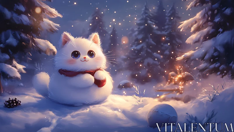Fluffy winter kitten glowing softly in a magical snowfall.