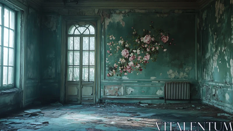 Decayed teal salon frames blooming floral mural centerpiece.