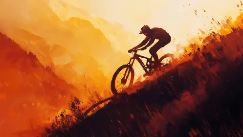 Mountain biker silhouette against fiery landscape gradient.
