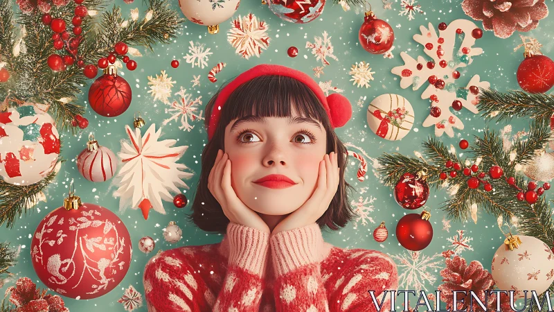 Centered girl amid festive ornaments renders whimsical holiday reverie