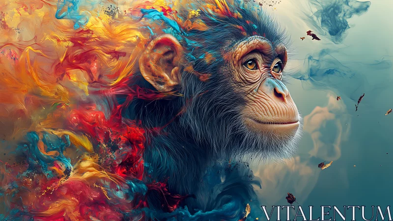 Primate portrait within swirling multicolor abstract forms.