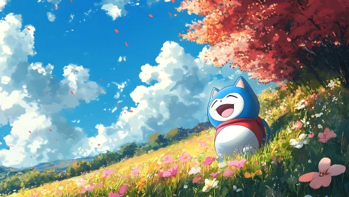 Sunny hillside stroll with a delighted blue creature friend.