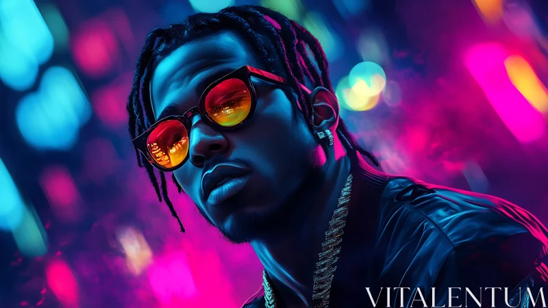 Neon-soaked portrait of stylish man in reflective shades.