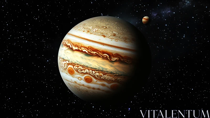 Gas giant planet with vivid storm bands rendered in space