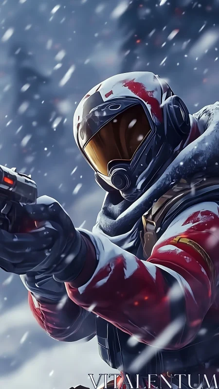 Snowbound sci fi soldier aims blaster in icy blizzard.