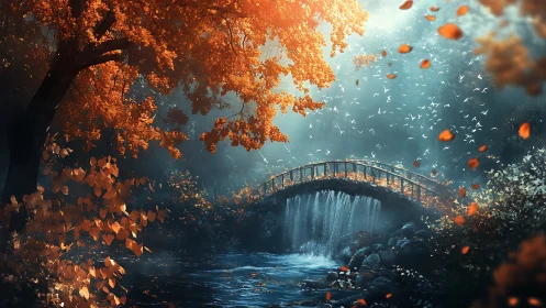 Autumn forest bridge spans misty river with cascading waterfall