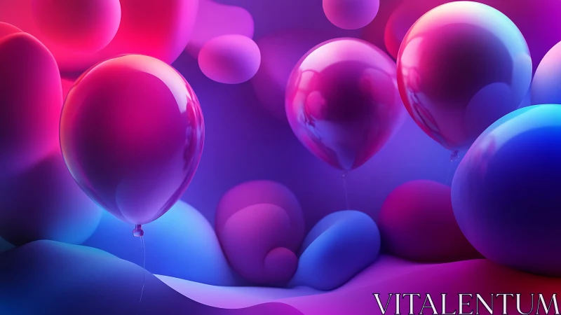 Glossy balloons in neon pink and blue abstract scene.