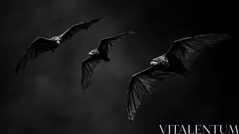 Trio of nocturnal bats in high-contrast monochrome flight field.