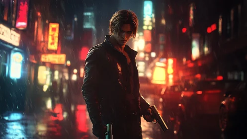 Cyberpunk vigilante in neon-soaked alley, cinematic framing.