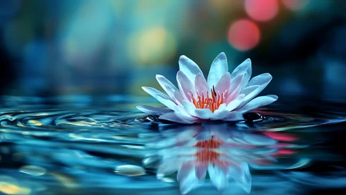 Spectral waterlily with bokeh diffusion and rippled reflections.