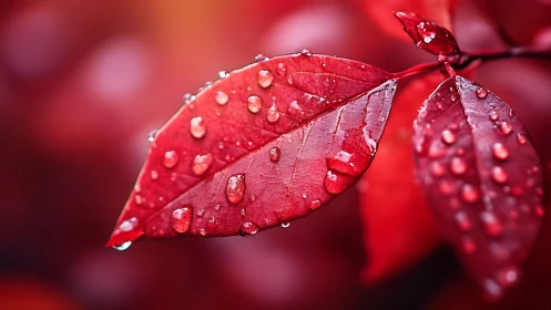 Crimson leaves kissed by raindrops in soft autumn light.