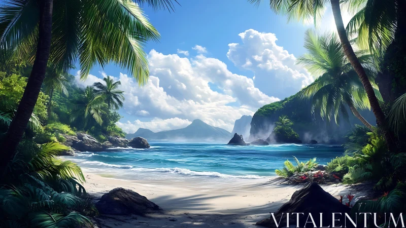 Tropical Coastal Landscape with Volumetric Cloud Formations and Multi-Layered Atmospheric Depth