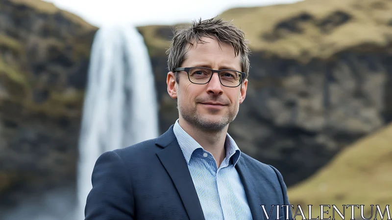 Professional man stands confidently before misty cliff waterfall