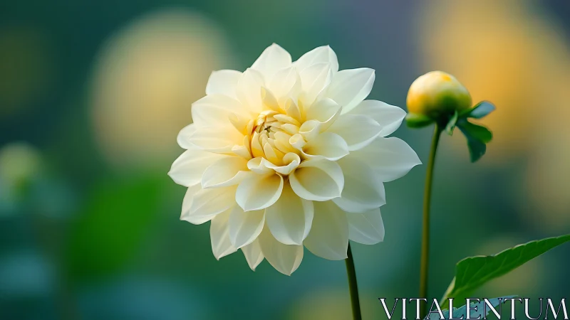 White Dahlia Bloom with Buds in Garden Setting
