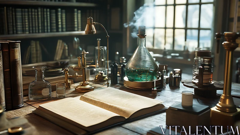 Historic laboratory desk with open book and glass apparatus.