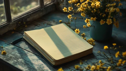 Sunlit notebook and yellow flowers on rustic windowsill.