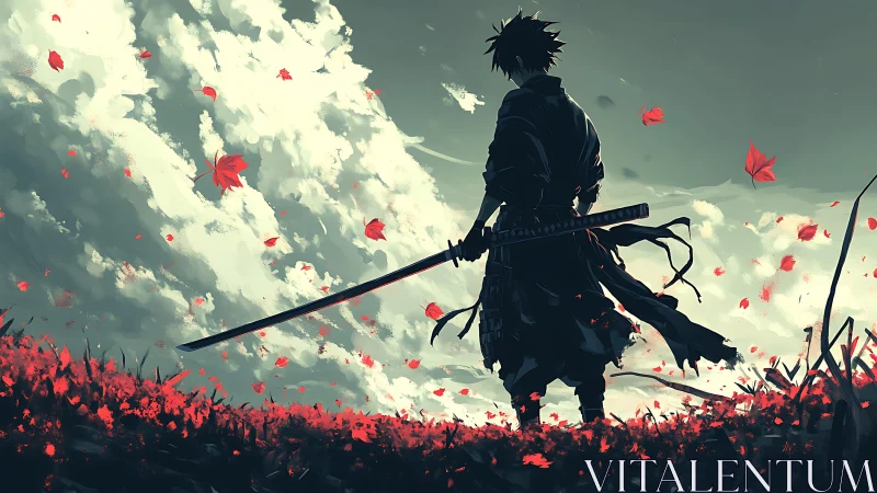 Lone samurai studies red field beneath sweeping storm clouds