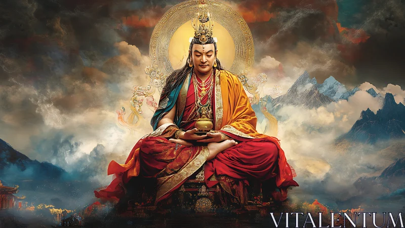Golden-robed deity in lotus posture amid luminous storm clouds