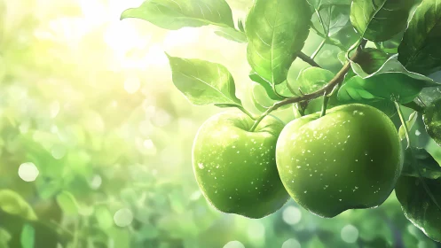 Green apples on branch in bright backlit garden setting.