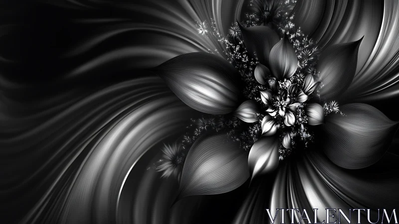 Monochrome fractal flower unfurls with luminous metallic grace