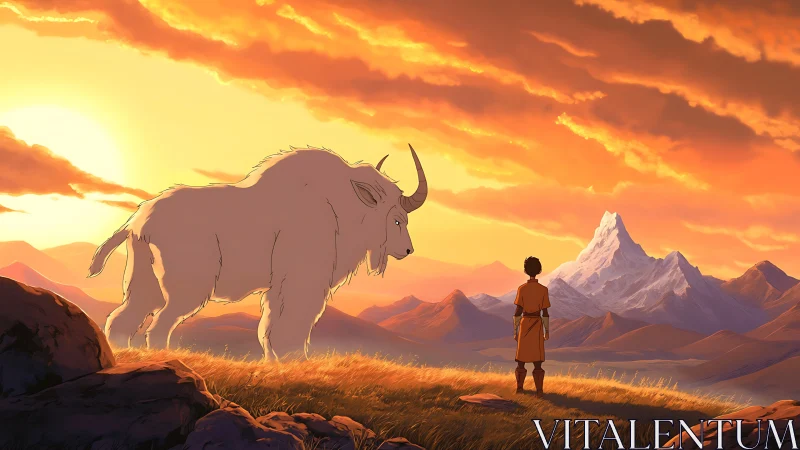 Boy and giant horned beast face sunset in wide mountainscape.