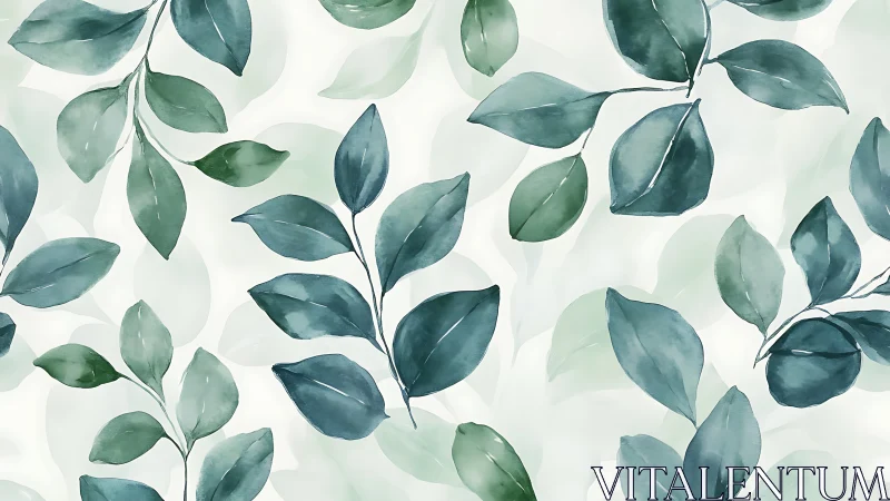Watercolor green leaf pattern on soft white background.