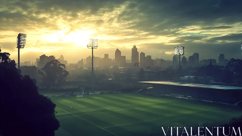Sunlit city skyline overlooking serene football stadium at dusk.
