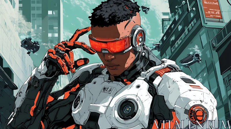 Cyborg operator in armored exosuit adjusts visor in cityscape