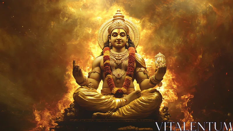Hindu deity statue in fiery golden digital artwork.