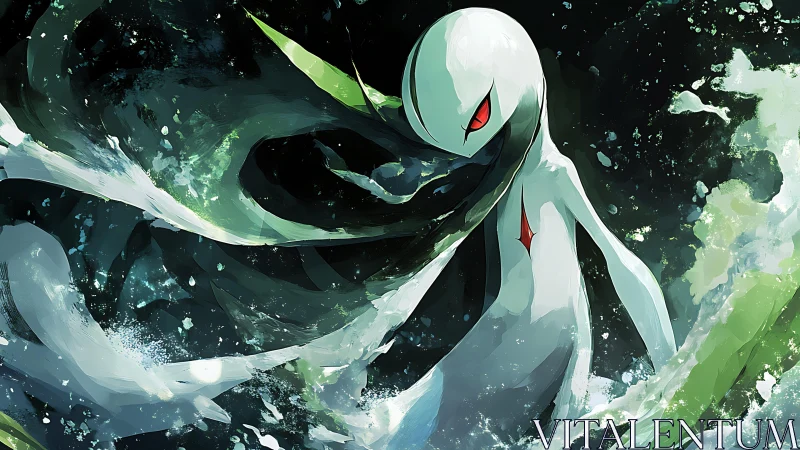 Digital painting of ethereal red-eyed entity in dynamic swirl.