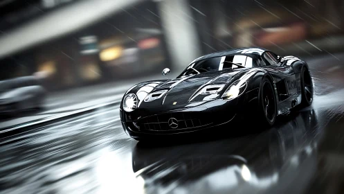 Black supercar powers through wet city street at speed
