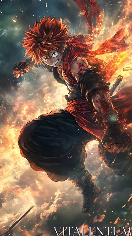 Fiery anime warrior lunges through explosive sky inferno.