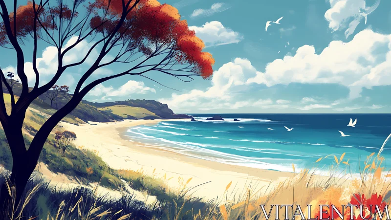 Coastal landscape illustration shows tranquil sunny bay