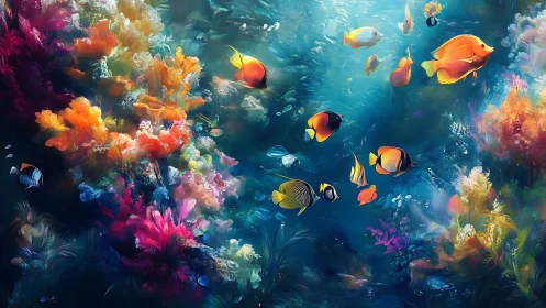 Vibrant coral reef glows beneath tropical fish ballet.