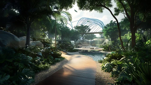 Tranquil Sanctuary: Architectural Water Feature Nestled Among Lush Tropical Vegetation.